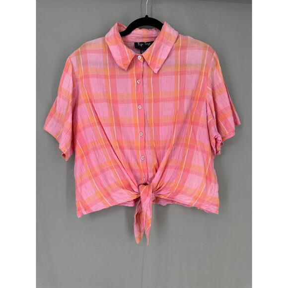 90s Vintage Top Womens XL Pink Plaid Button Tie Front Orange Cottage Boho Pastel - Picture 1 of 7